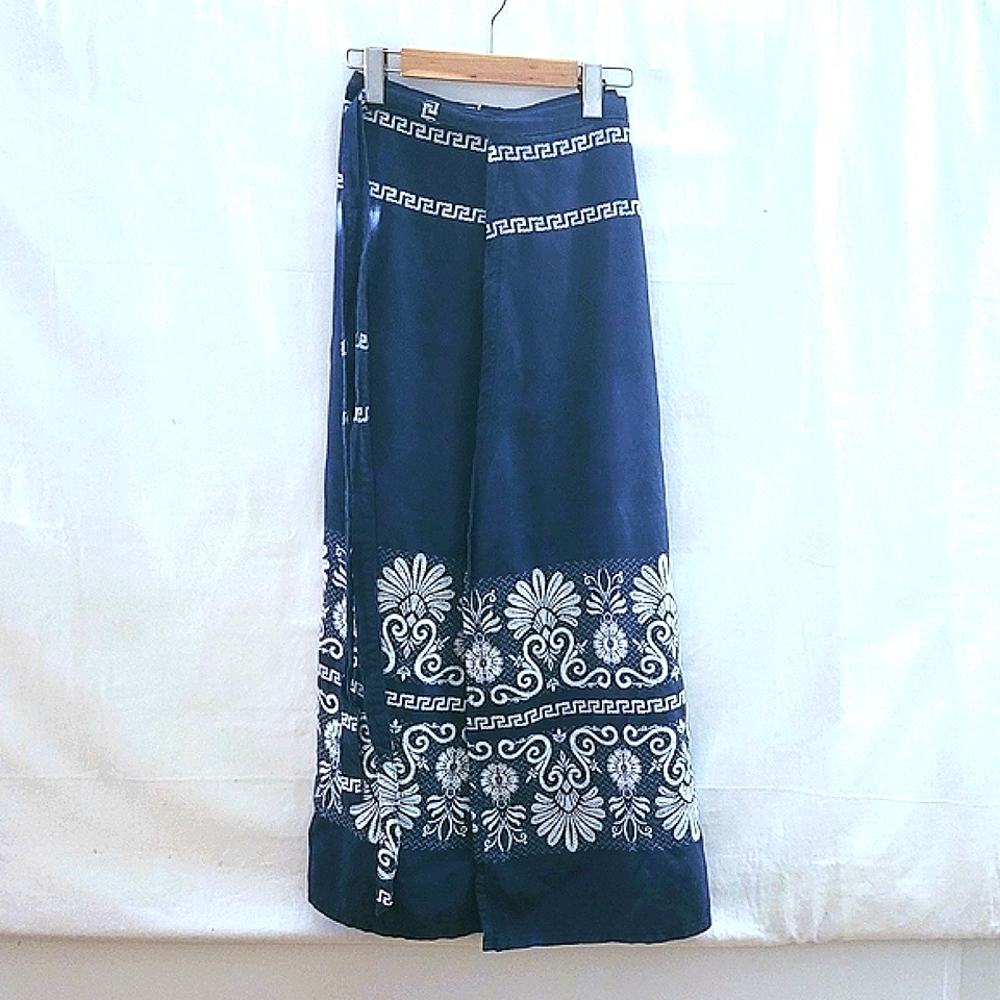 Vintage Wrap Skirt Navy Blue Patterned Maxi Skirt